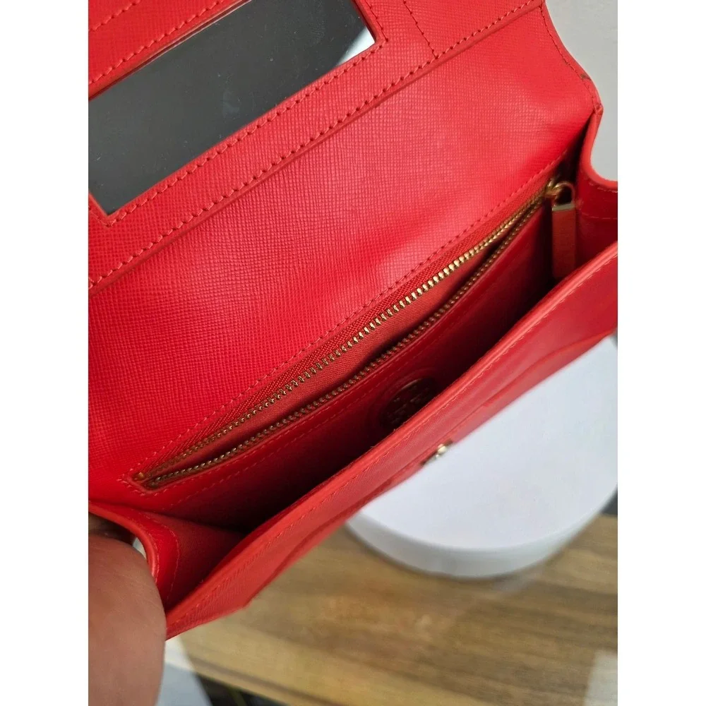 Tory Burch Robinson Red Orange Saffiano Leather Envelope Clutch Bag Mirror